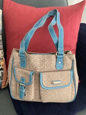 Minicci Cute Vintage Two Handle Tote Handbag Tan Blue